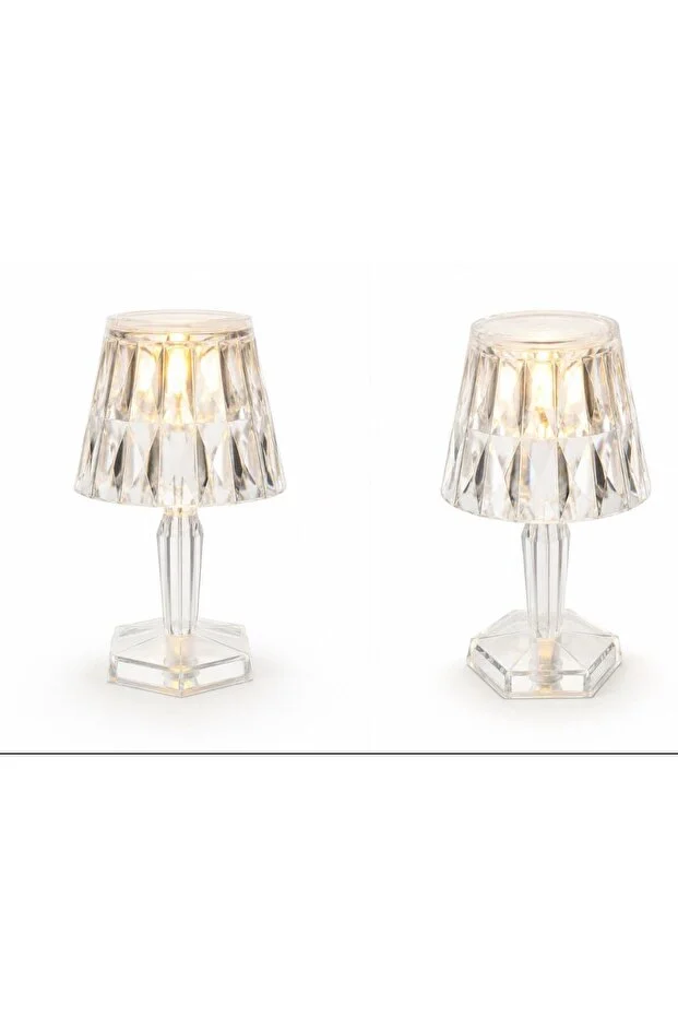 Plastik 3'Lü Led Masa Lambası Pilli Kristal Elmas Şeffaf Abajur 12 Cm